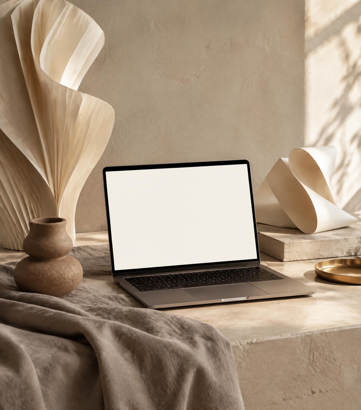 A calm studio desk with a notebook, linen and warm neutral styling.